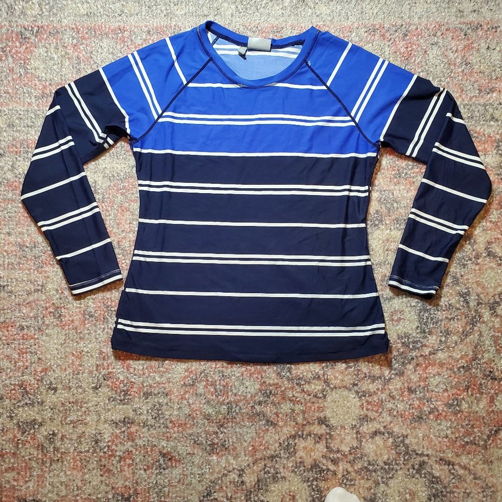 Athleta Size Large Blue Striped Long Sleeve Rash Guard/Swim Shirt